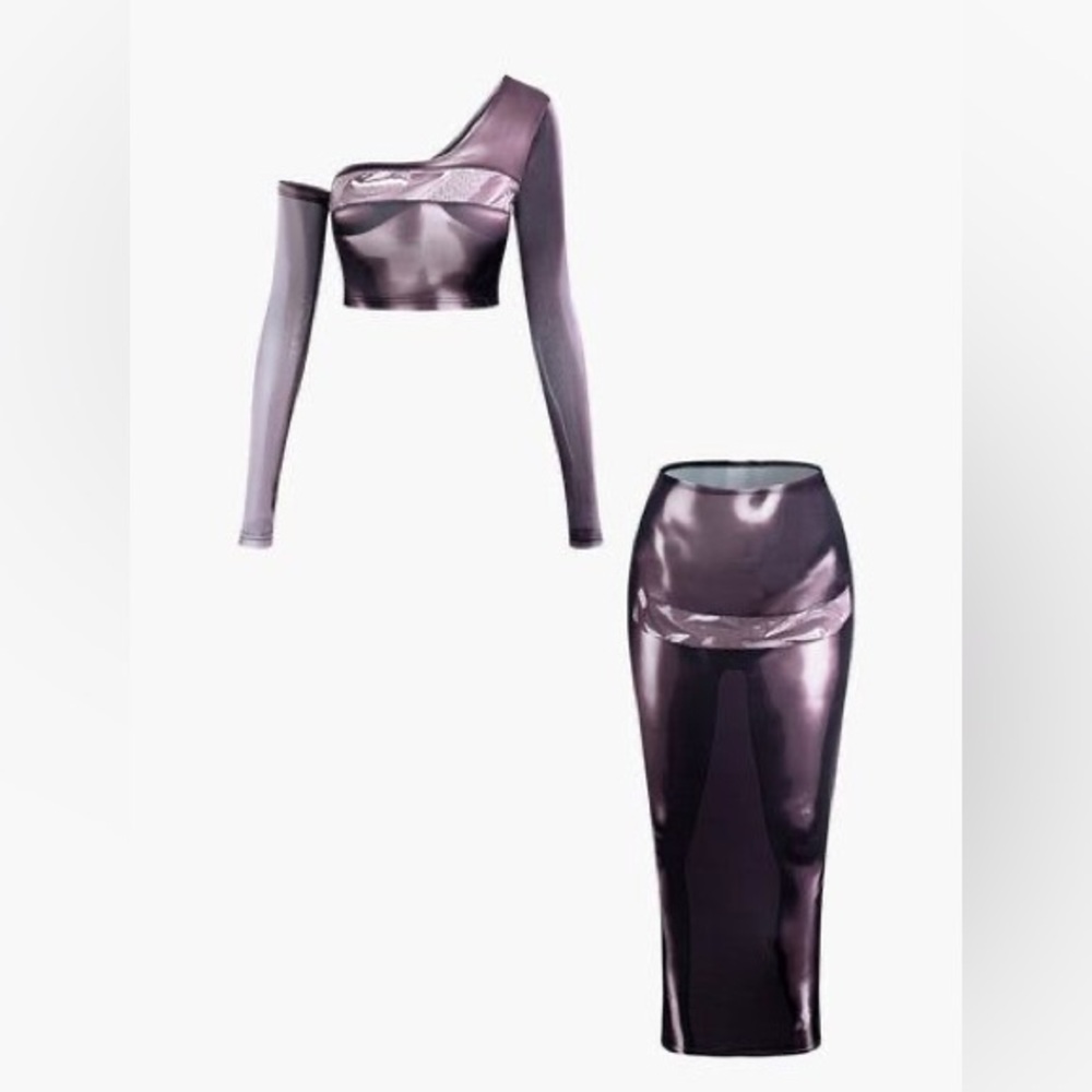 Body Print Asymmetrical Long Sleeve Top And Midi Skirt Set